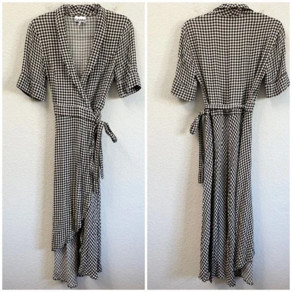 GANNI Black Check Gingham Print Wrap Dress Size 38/ 6